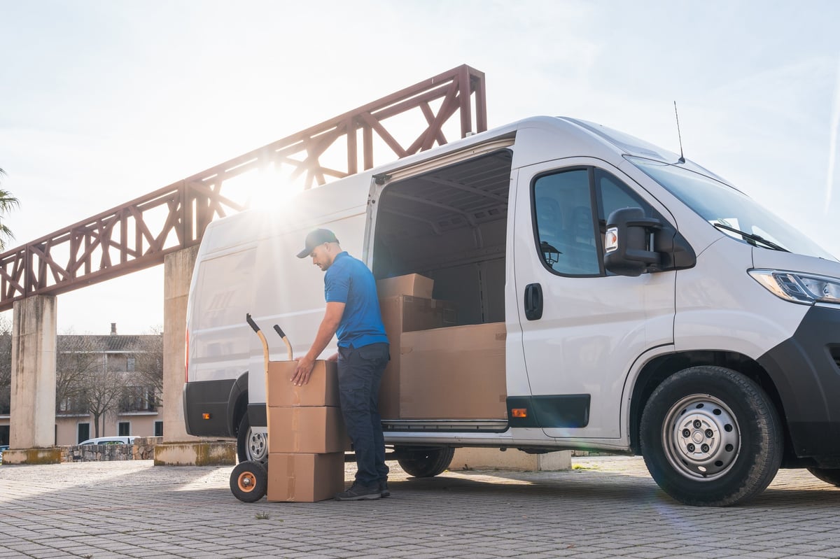 MedGo delivery driver in uniform loading medical packages into a delivery van