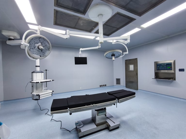Modern operating room with a surgical bed and surgical lights, an example of medical equipment MedGo transports