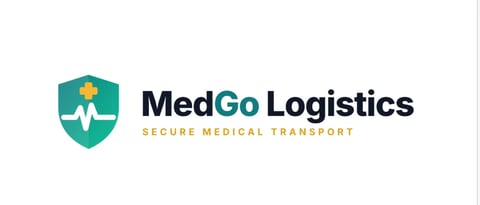MedGo Logistics logo featuring a teal shield with a medical heartbeat line and gold cross symbol, accompanied by company name and tagline Secure Medical Transport